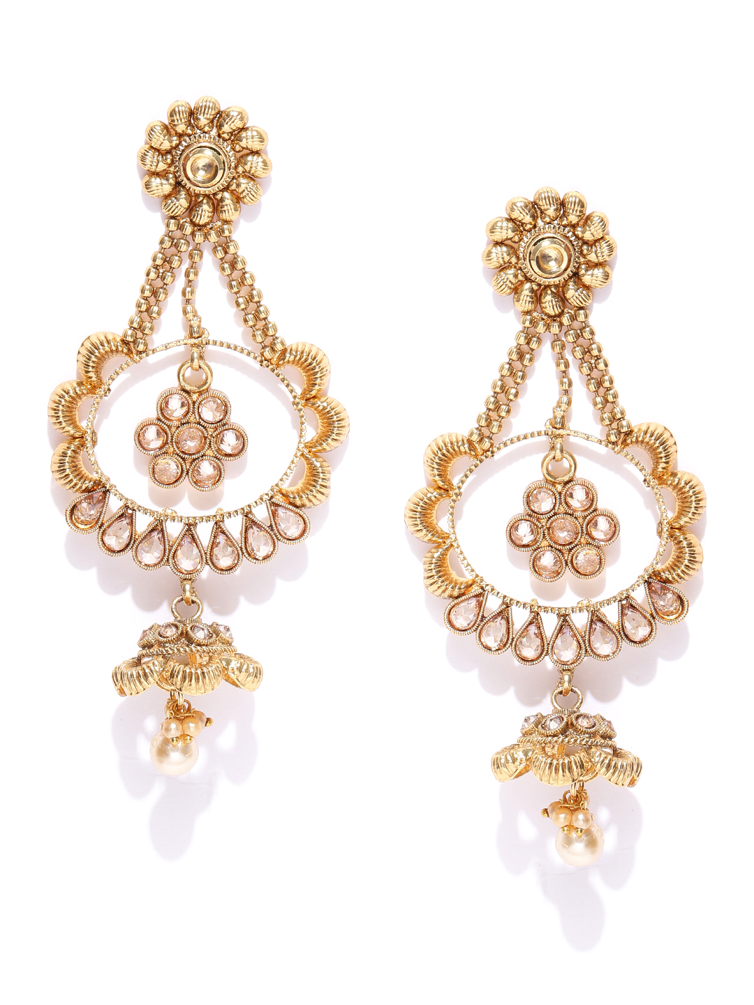 YouBella Gold-Plated Stone-Studded Floral Drop Earrings